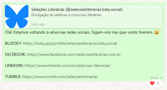 Olá! Estamos voltando à ativa nas redes sociais. Sigam-nos nas que vocês tiverem. 😄

BLUESKY: bsky.app/profile/seleco…

FACEBOOK: facebook.com/selecoeslitera…

LINKEDIN: linkedin.com/in/selecoes-li…

TUMBLR: tumblr.com/selecoeslitera…