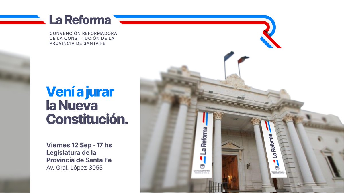 Te esperamos para jurar juntos la Nueva Constitución de la Provincia de Santa Fe

📅 Viernes 12 Sep • 17 hs

📍Av. Gral. López 3055 - Legislatura de la Provincia de Santa Fe
