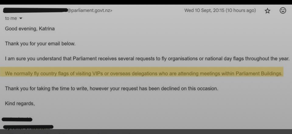 The NZ Parliament Speakers Office has refused my request to fly the violet, white, and green Women’s Suffrage flag on the 19th Sept each year in commemoration of that day in 1893 when the right for women to vote was enshrined in legislation, and NZ became the first self-governing