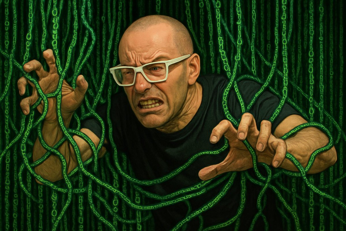 AcroYogi's tweet photo. “Gregory struggles mightily to wrangle and untangle the 1,000,000 lines of AI genn’ed monster code” https://t.co/U7OzSP6gWN