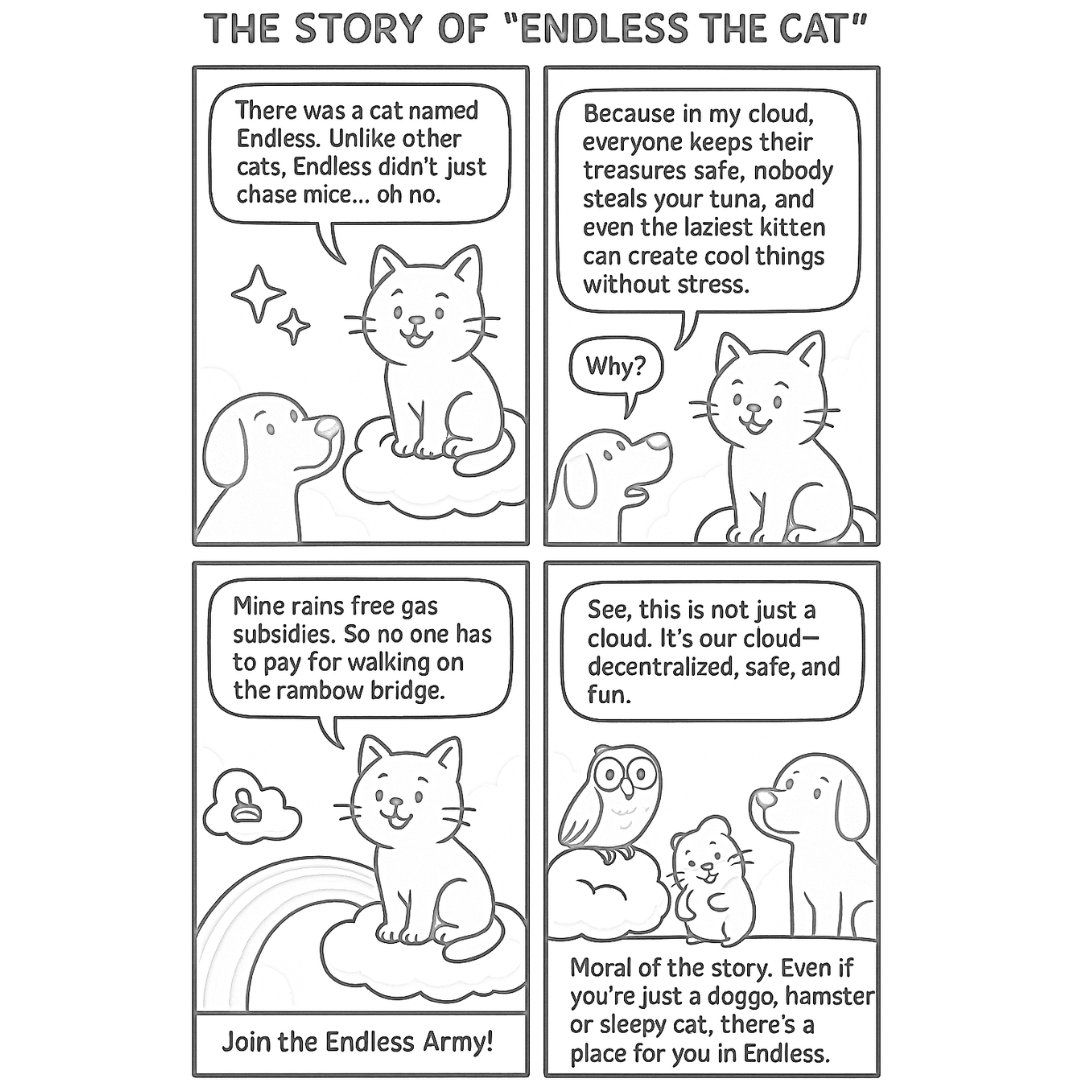 moizcr's tweet image. 🐱✨ The Story of “Endless the Cat” 
 Once upon a time, there was a cat named Endless. Unlike other cats, Endless didn’t just chase mice. Endless was busy building magical cloud in sky. 🌥️ “Why?” asked Doggo, the neighbor. “Because in my cloud,” purred Endless, “everyone keeps…