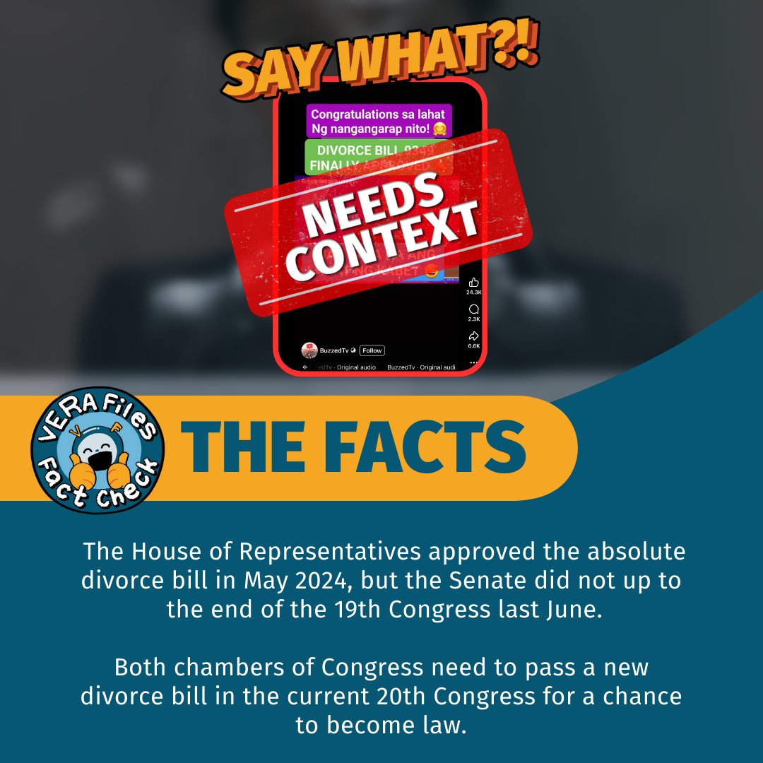 #VERAFilesFactCheck: A Facebook reel claims that the long-pending divorce bill has finally been approved in the Philippines. This needs context. 

Read more: vera.ph/46lrGGZ