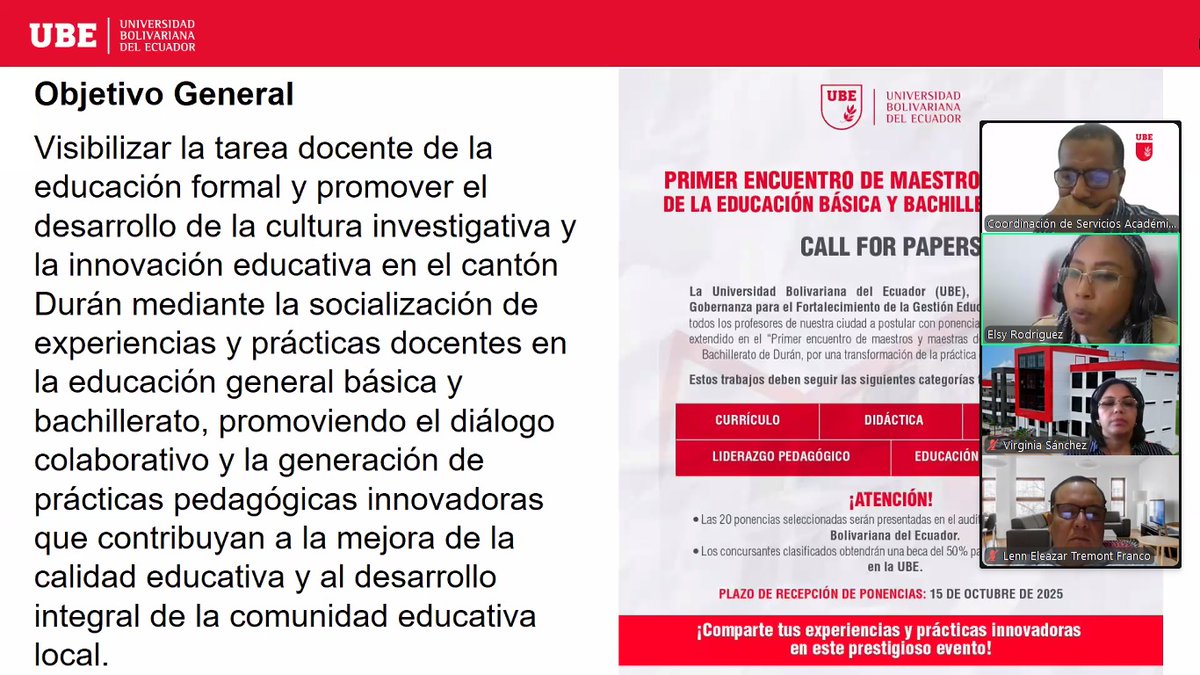 #NoticiasUBE | UBE impulsa capacitación virtual para docentes sobre resúmenes extendidos y ponencias

La Universidad Bolivariana del Ecuador (UBE), a través de la Mesa de Gobernanza para el Fortalecimiento de la Gestión Educativa del Cantón Durán y en coordinación con el distrito