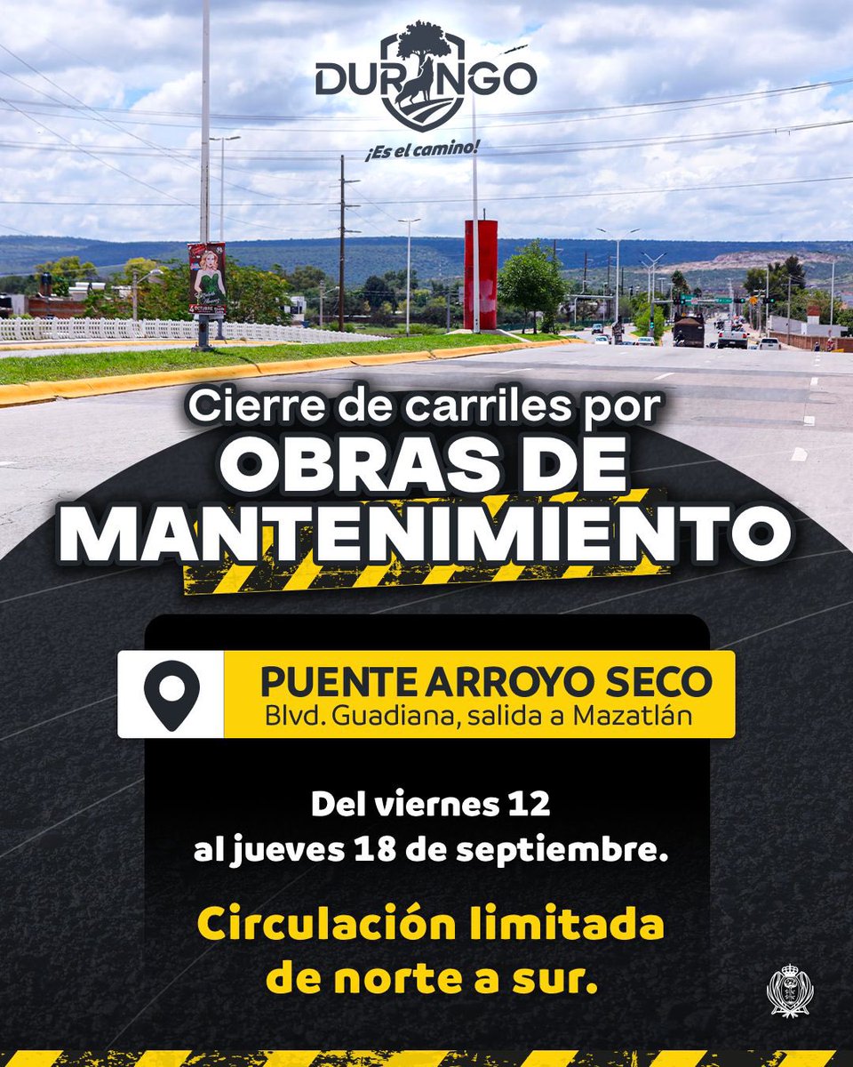 ObrasPublicasDG's tweet image. ⚠️ —— 𝗔𝗩𝗜𝗦𝗢 𝗜𝗠𝗣𝗢𝗥𝗧𝗔𝗡𝗧𝗘 —— ⚠️
Solicitamos a la ciudadanía a 𝗧𝗢𝗠𝗔𝗥 𝗣𝗥𝗘𝗖𝗔𝗨𝗖𝗜𝗢𝗡𝗘𝗦, por mantenimiento en carriles centrales de Blvd. Guadiana, a la altura del puente Arroyo Seco.
Gracias por su comprensión.