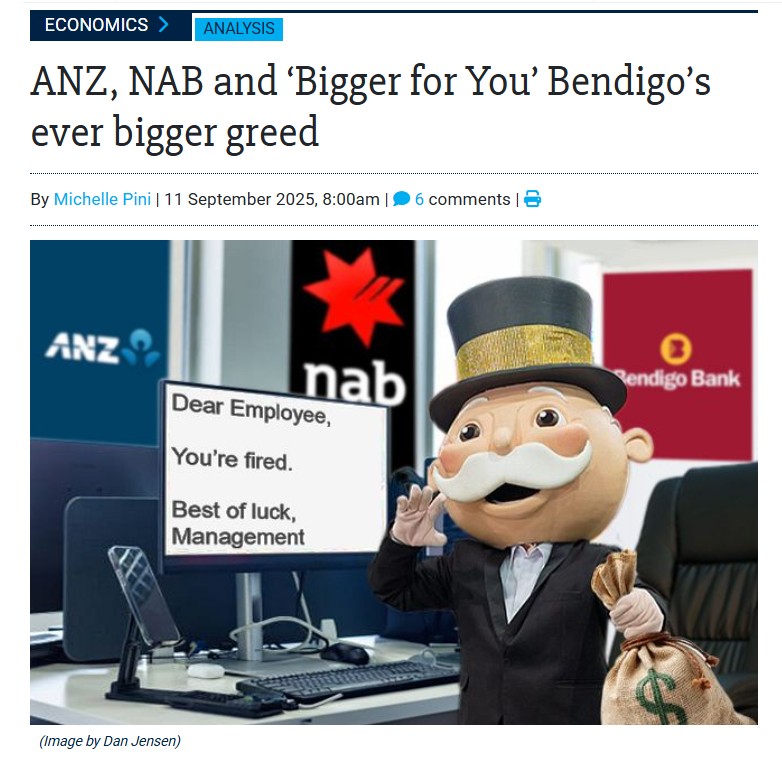 "Once pitched as the 'community' bank, <a href="/bendigobank/">Bendigo Bank</a> is apparently no longer satisfied with its size and wishes to join the pissing contest with the bigger guys. " Well said Michelle Pini of <a href="/independentaus/">IndependentAustralia</a> <a href="/vmp9/">Michelle Pini</a>
<a href="/FSU_Australia/">Finance Sector Union</a> <a href="/JEChalmers/">Jim Chalmers MP</a> <a href="/sussanley/">Sussan Ley</a> 
bit.ly/4gqoKxo