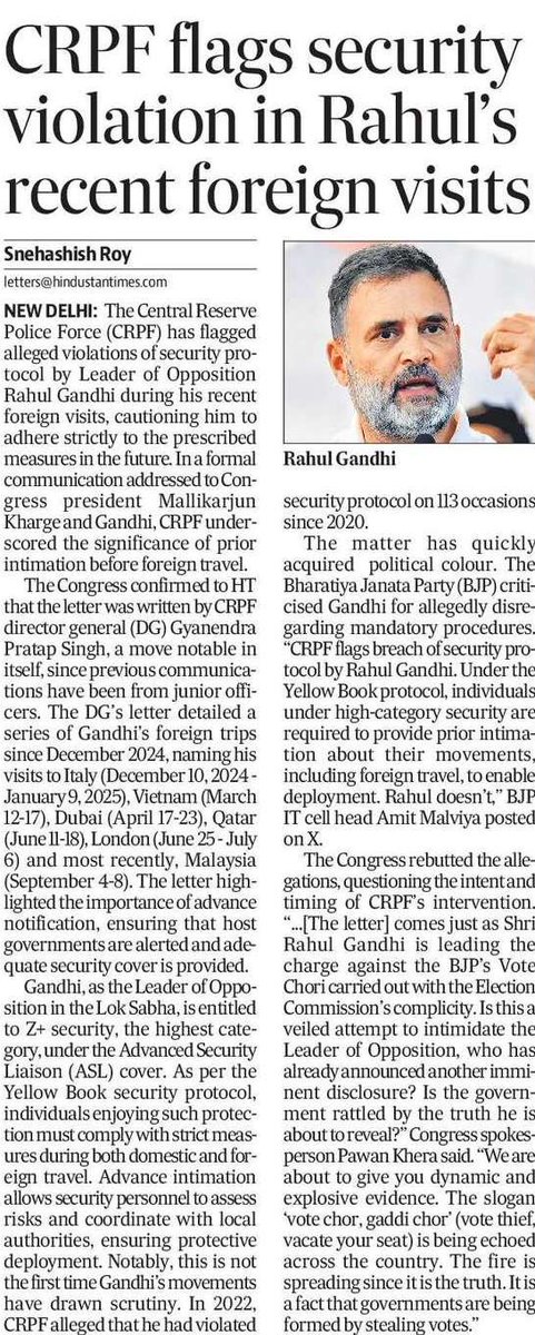 KaliKamlesh's tweet image. 🚨 CRPF flags Rahul Gandhi’s foreign trips for breaching Z+ security protocol. DG’s letter cites lack of prior intimation for visits to Italy, Vietnam, Dubai, Qatar, London & Malaysia. Congress calls it intimidation. #SecurityProtocol #RahulGandhi #CRPF