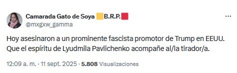 TecnoBoca's tweet photo. Here is one those foreigners living in USA that glorified Charlie Kirk’s death. He deleted his post but we were able take a screenshot before he deleted. https://t.co/D7BiSlWmTl
