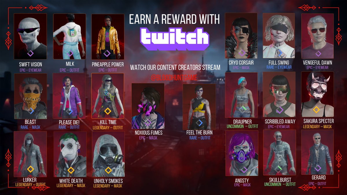 Salutations, Kindred!

Our new Twitch Drop campaign is live with 20 vanity rewards, including returning favorites!

Watch any of the top 100 streamers from the last 30 days - campaign runs 'til Oct 10, so grab'em soon!

⏱ 4 hours = first 10 rewards
⏱ 8 hours = last 10 rewards