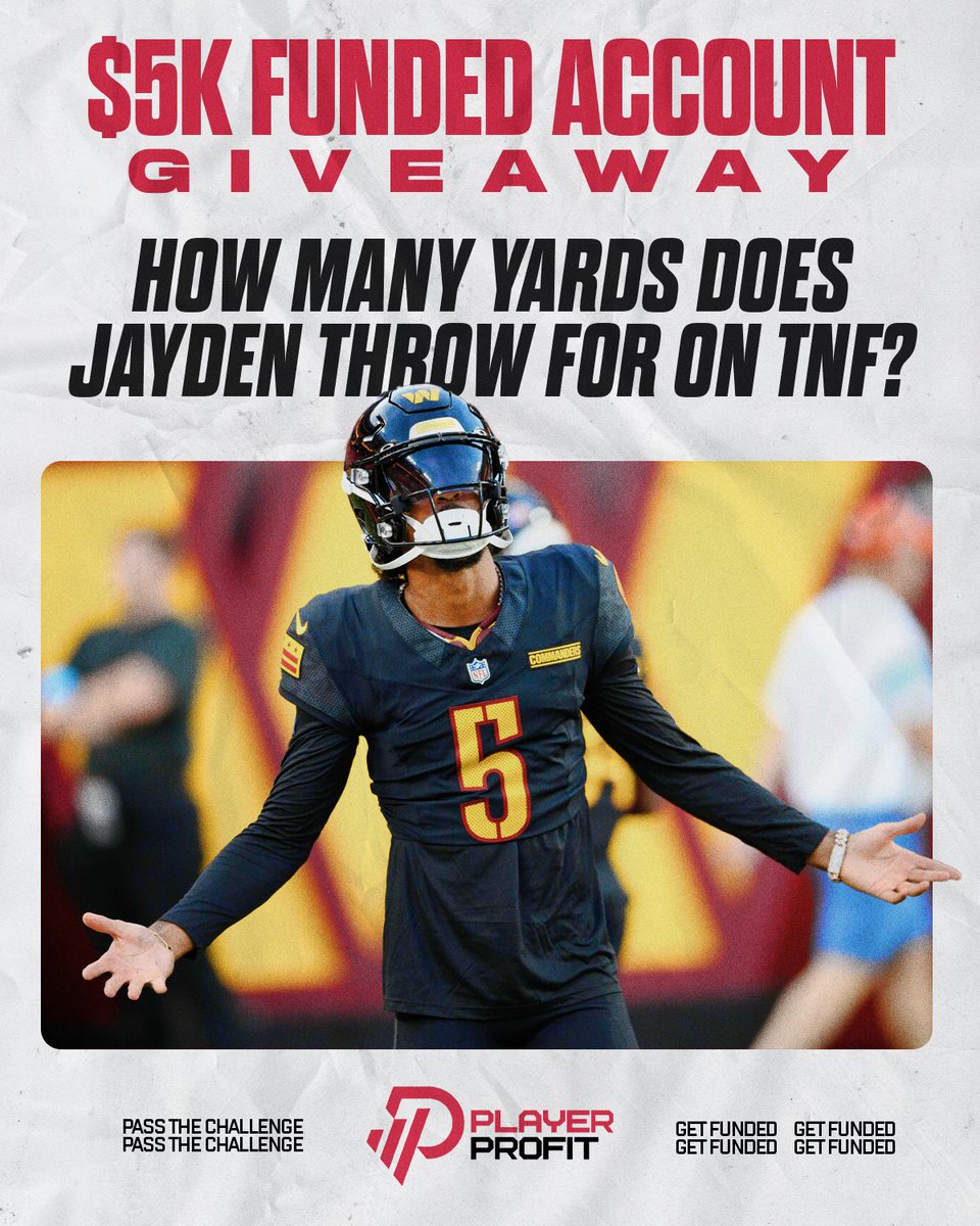 playvo_us's tweet photo. 🚨  Win a $5K FUNDED ACCOUNT 💸
 
How to Enter: 
1️⃣ Follow @Player_profit   
2️⃣ Like this post ❤️ 
3️⃣ Repost 🔁 
4️⃣ Comment your prediction ⬇️ 

How many yards does JD5 throw for tonight?
Tiebreaker: Total completions 🧠