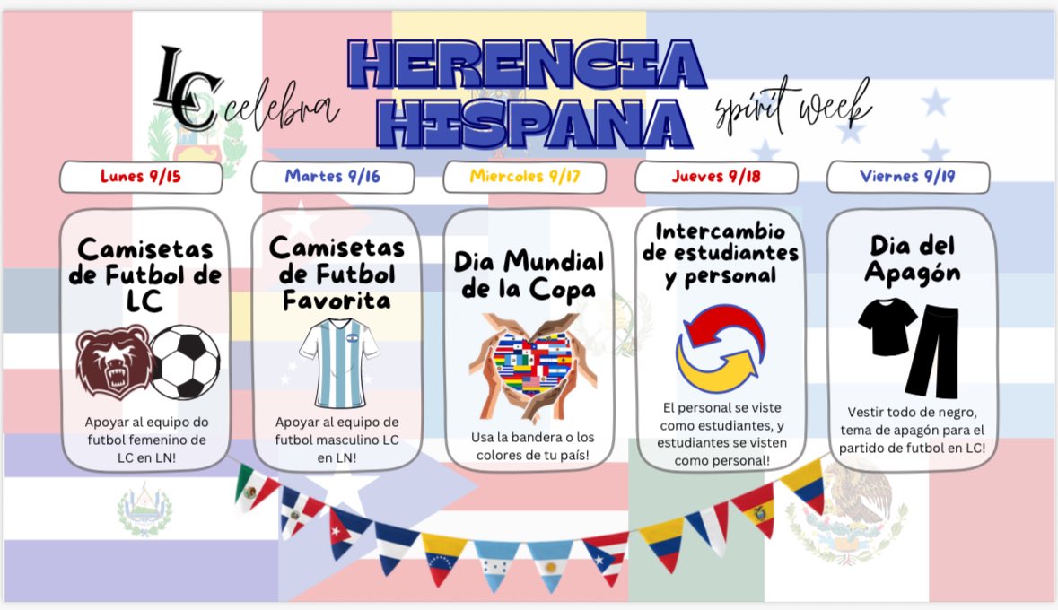 LC Freshmen School (@freshmanlc) on Twitter photo Next Monday will begin Hispanic Heritage Month! It will run from September 15th β October 15th. To honor Hispanic Heritage month, we will kick off the week with a spirit week! π»π₯<a href="/LCHSAthletics/">LCHSAthletics</a> <a href="/ltgoodnews/">LT Schools</a> <a href="/LCHSBears/">Lawrence Central</a> <a href="/LCBearsCheer/">LCHS CheerπΎππππΎ</a> <a href="/lcpaa/">LCPAA</a> <a href="/lcbearsguidance/">LC Guidance</a> Next Monday will begin Hispanic Heritage Month! It will run from September 15th β October 15th. To honor Hispanic Heritage month, we will kick off the week with a spirit week! π»π₯<a href="/LCHSAthletics/">LCHSAthletics</a> <a href="/ltgoodnews/">LT Schools</a> <a href="/LCHSBears/">Lawrence Central</a> <a href="/LCBearsCheer/">LCHS CheerπΎππππΎ</a> <a href="/lcpaa/">LCPAA</a> <a href="/lcbearsguidance/">LC Guidance</a>