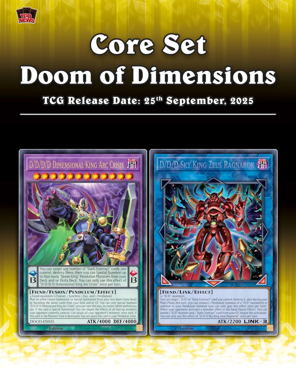 YuGiOh revealed the first 2 new D/D/D  cards for the the TCG set Doom of Dimensions   D/D/D/D Dimensional  King Arc Crisis  D/D/D Sky King Zeus Ragnarok #