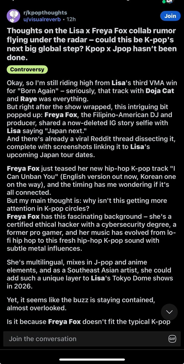 vintagessg's tweet photo. Freya Fox x  blackpink’s Lisa Japan tour collab silenced by Reddit deletions? Kpop is gate keeping huge drama! 🎭 
@Jeff__Benjamin plz report on this
@Jonah_write

@freyafoxtv @wearelloud
 #LisaFreyaCensored  #KpopGatekeeping #lisafreyafox https://t.co/8N9wC2SgHA