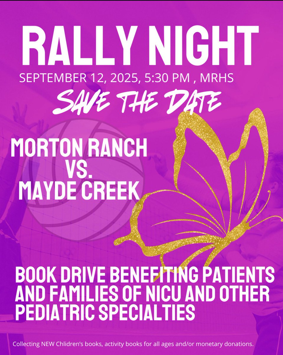 Join our Lady Mavs and help support NICU patients, families, and other pediatric specialties. Donate NEW children's books, activity books for all ages, and/or monetary donation's tomorrow at 5:30pm during the game against Mayde Creek. Thank you!!!💜🏐
