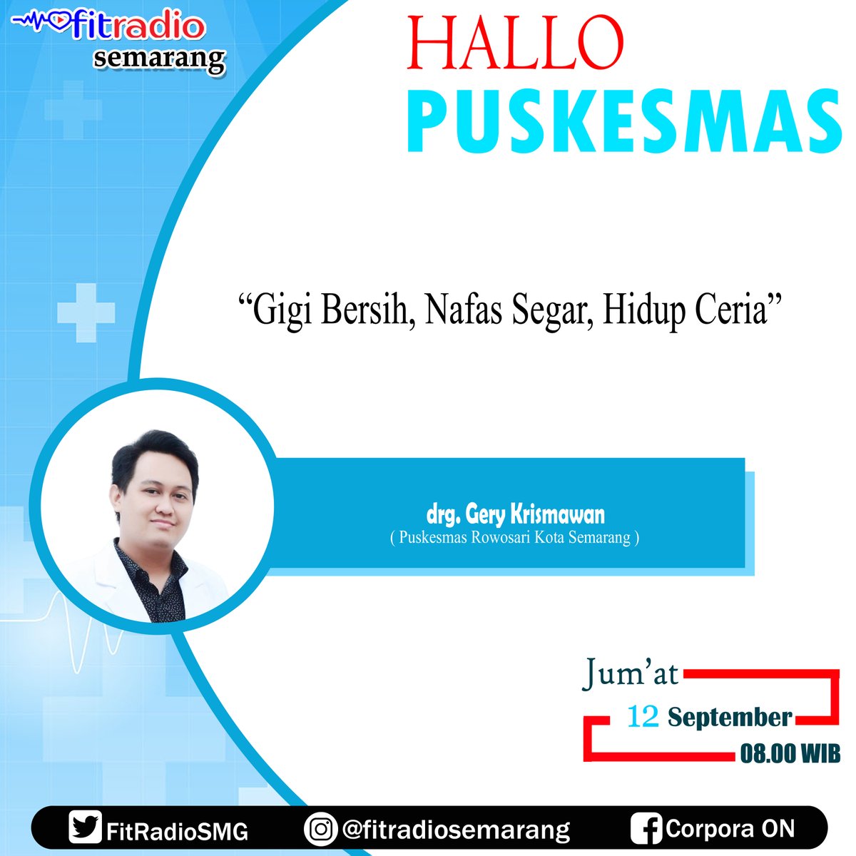 Gigi Bersih, Nafas Segar, Hidup Ceria

Halllo Puskesmas Jam 08.00 WIB

Bersama @pkm_rowosari Semarang

Interaktif WA SMS 0811 811 9570

#stayfit #hallopuskesmas #stayfitforlife #puskesmas #doktergigi #kesehatan #jumatberkah #radiokesehatan