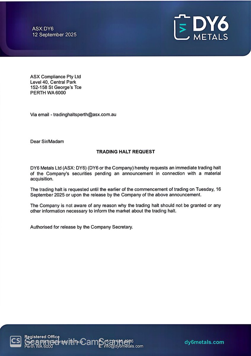 SalvadorMaurice's tweet photo. $DY6 #DY6
TRADING HALT !!
Pending an announcement in connection with a material acquisition https://t.co/MpxcjLSlXp