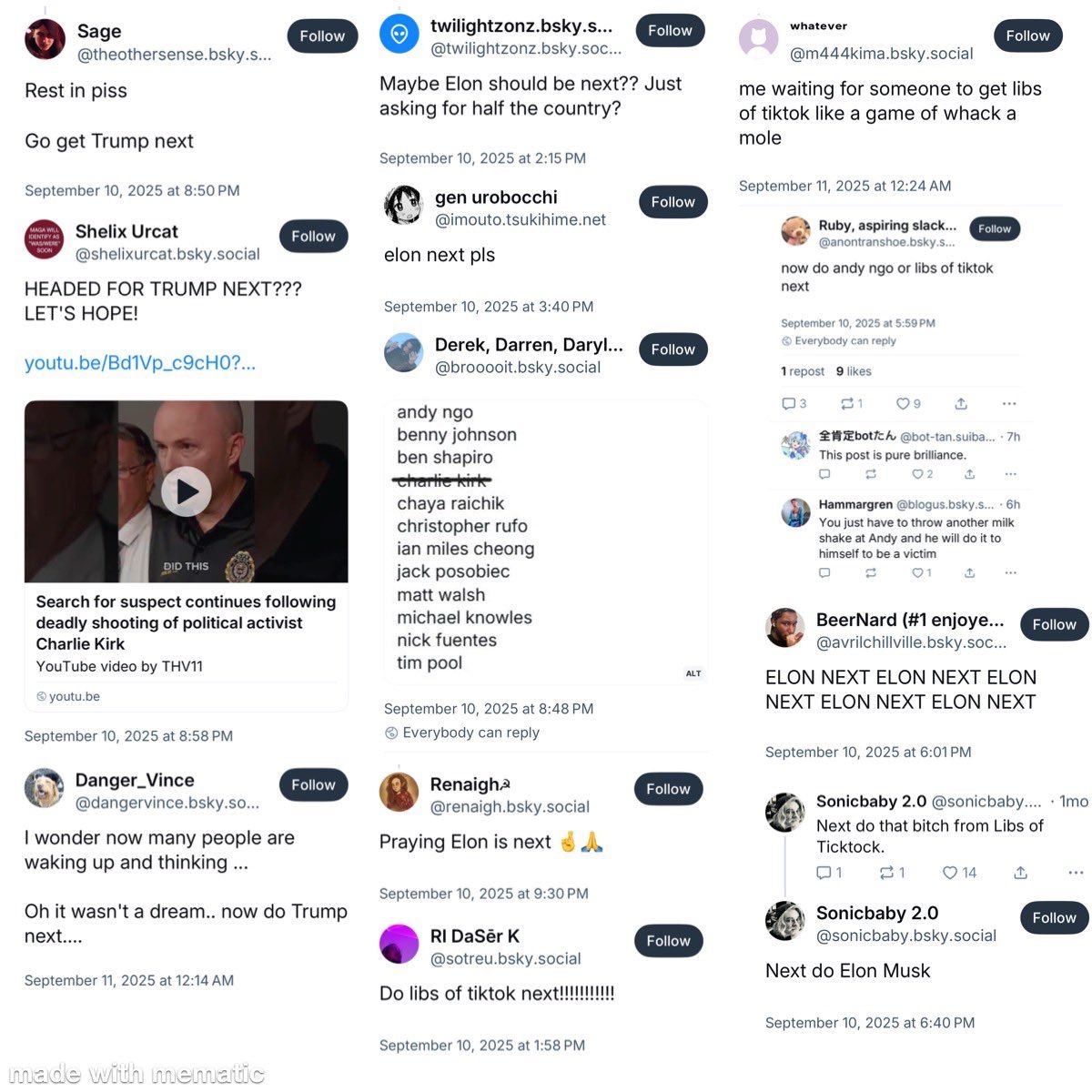 BarronTNews_'s tweet image. 🚨 URGENT ALERT 🚨
After Charlie Kirk, disturbing chatter has surfaced on the Sky app. Users are openly talking about who should be next. Names mentioned include JK Rowling, Matt Walsh, President Trump, Ben Shapiro, Libs of TikTok, Elon Musk, and Andy Ngo.
This is a hit list…