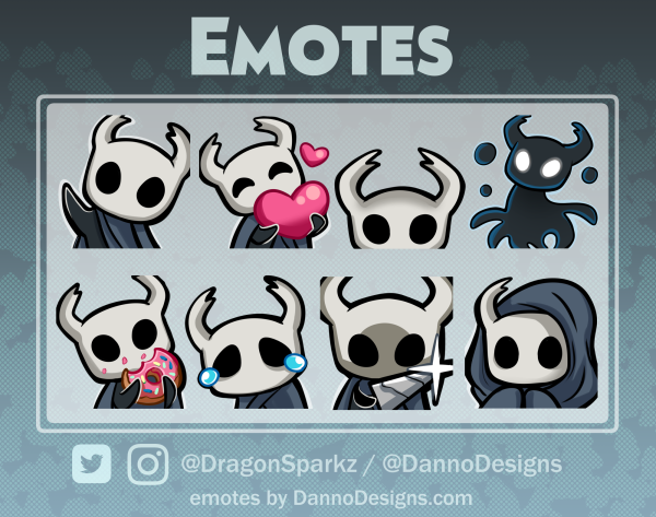 For those of you streaming and in need of emotes, you can get Hornet/Knight emotes packs my shop! Closing in a week or so for reno/hiatus, so please check 'em out while they're up!

dannodesigns.company.site/Digital-Goods-…