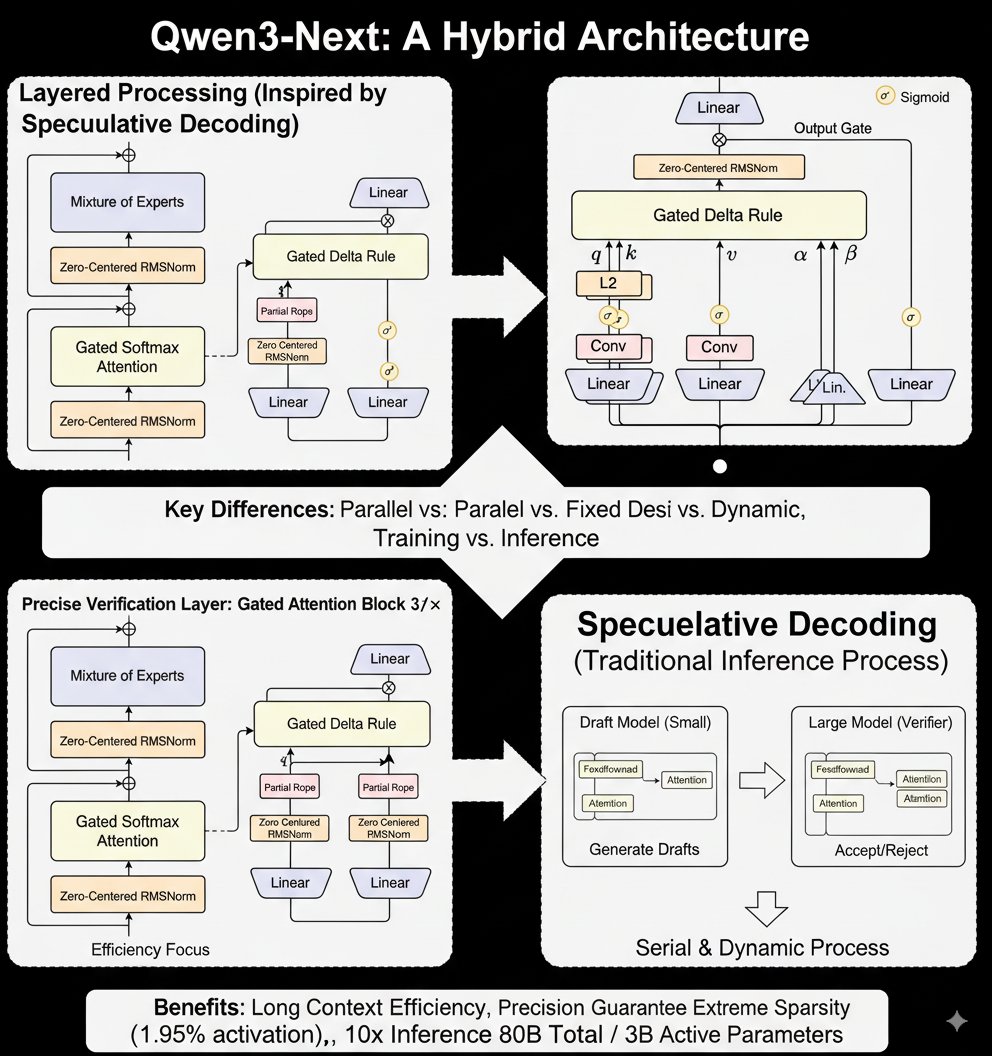 karminski3's tweet image. 给大家带来 Qwen3-Next-80B-A3B 新架构的技术解析

说实话这个架构我乍一看立刻想到了——推测性解码，同样都是先用精简架构进行快速生成，然后用复杂但是精度高的架构提升生成质量。但是二者还是有决定性的不同之处的，来给大家捋一捋：

Qwen3-Next 是先用 Gated…