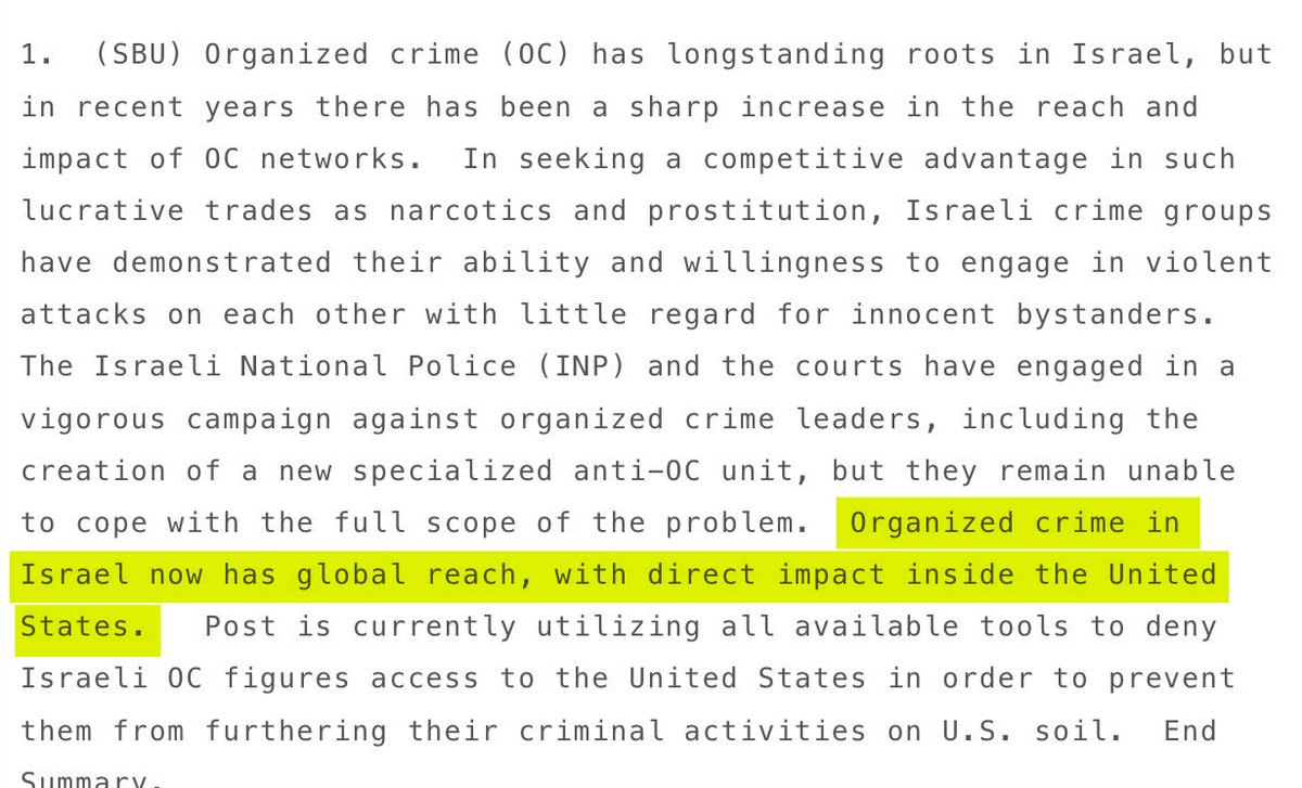 wikileaks's tweet image. Visa ban: Classified cable shows Israeli organised crime has been infiltrating the US for years.

ISRAEL: A PROMISED LAND FOR ORGANIZED CRIME?

09TELAVIV1098 (2009)

wikileaks.org/plusd/cables/0…