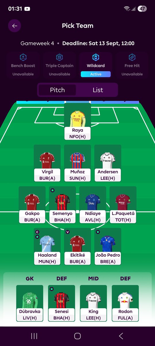 acfresh211's tweet photo. @fpl_timothy GW4 Wildcard
GW5 Bench Boost
GW6 Triple Captain Haaland
GW7 Isak &amp; Gyokores In https://t.co/bHKK5uEDIy
