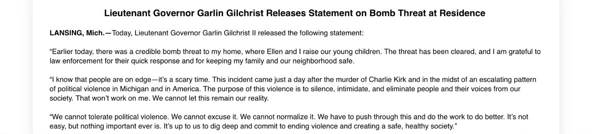 Michigan Lt. Gov. Garlin Gilchrist says there was a bomb threat to his home today: