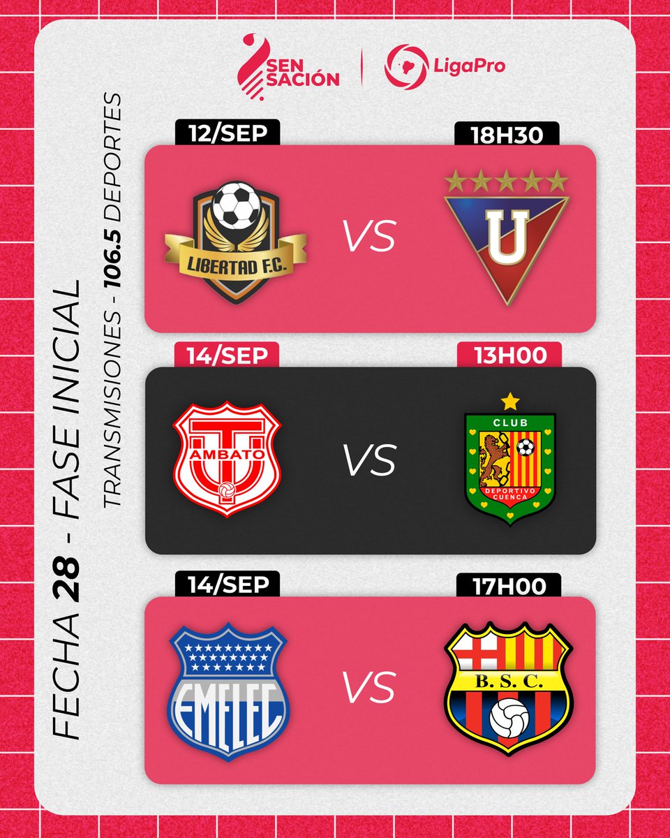 Regresa la #LigaPro ⚽️🇪🇨 y en Radio Sensación 🎙️📻 podrás vivir toda la emoción ¡no te lo pierdas! 

#Libertad 🟠⚪️ 🆚 #LDU ⚪️⚪️
#TUniversitario 🔴⚪️ 🆚 #DCuenca 🔴⚫️
#Emelec 🔵🔵 🆚 #BarcelonaSC 🟡⚫️

📻106.5FM
📹FBLive: facebook.com/CintyaSarmient…
🌏radiosensacion.com.ec