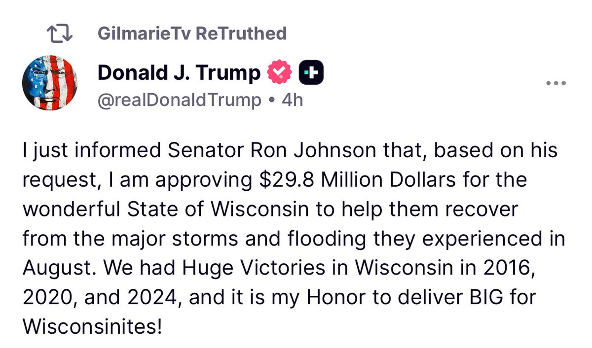 Trump anuncia $29.8M para ayudar a Wisconsin tras tormentas e inundaciones de agosto, destacando sus victorias pasadas en el estado.