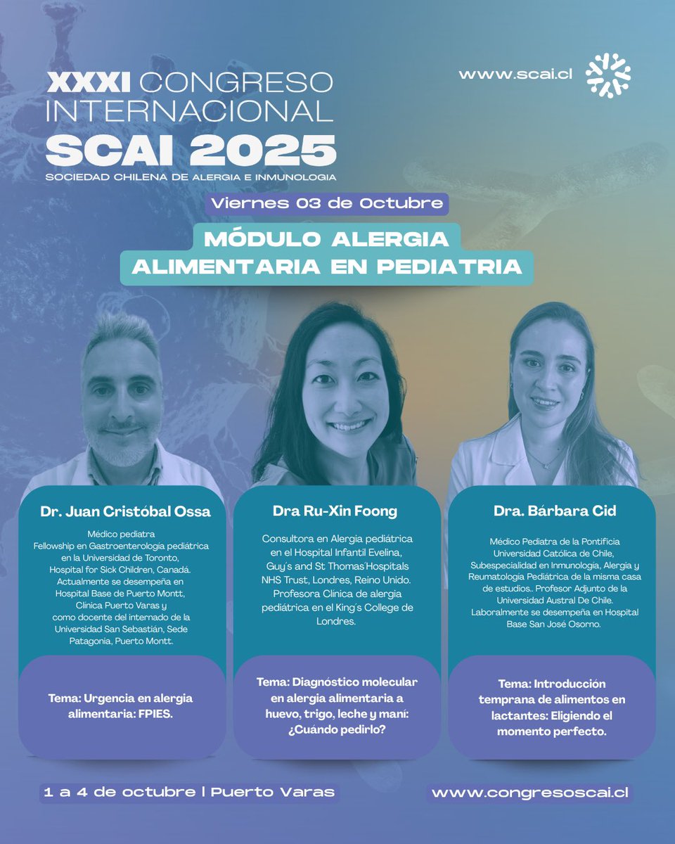 SCAI_alergia's tweet photo. 🥛✨ El 03/10 en #SCAI2025:
🔹 Módulo y Plenaria de Alergia Alimentaria con expertos nacionales e internacionales.
🏃‍♀️ Ese día también corre la #SCAIRun2025 en Puerto Varas 💙, a beneficio de @FundacionFcca.

🔗 https://t.co/ho4jlU2LgM https://t.co/m73CajaFeG