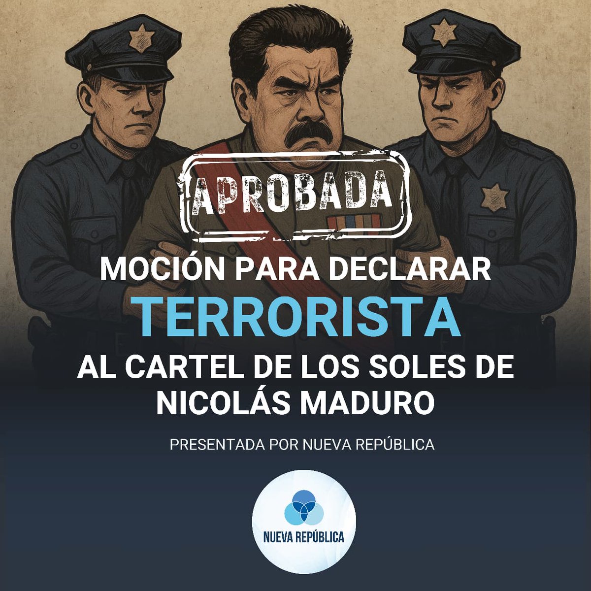 Con 33 votos a favor y 6 en contra del Frente Amplio, aprobamos una moción de @NuevaRepublica7 para declarar al Cartel de los Soles del narcodictador Nicolás Maduro como organización terrorista.

Además, solicitar acciones a los tres poderes de la República para combatir sus