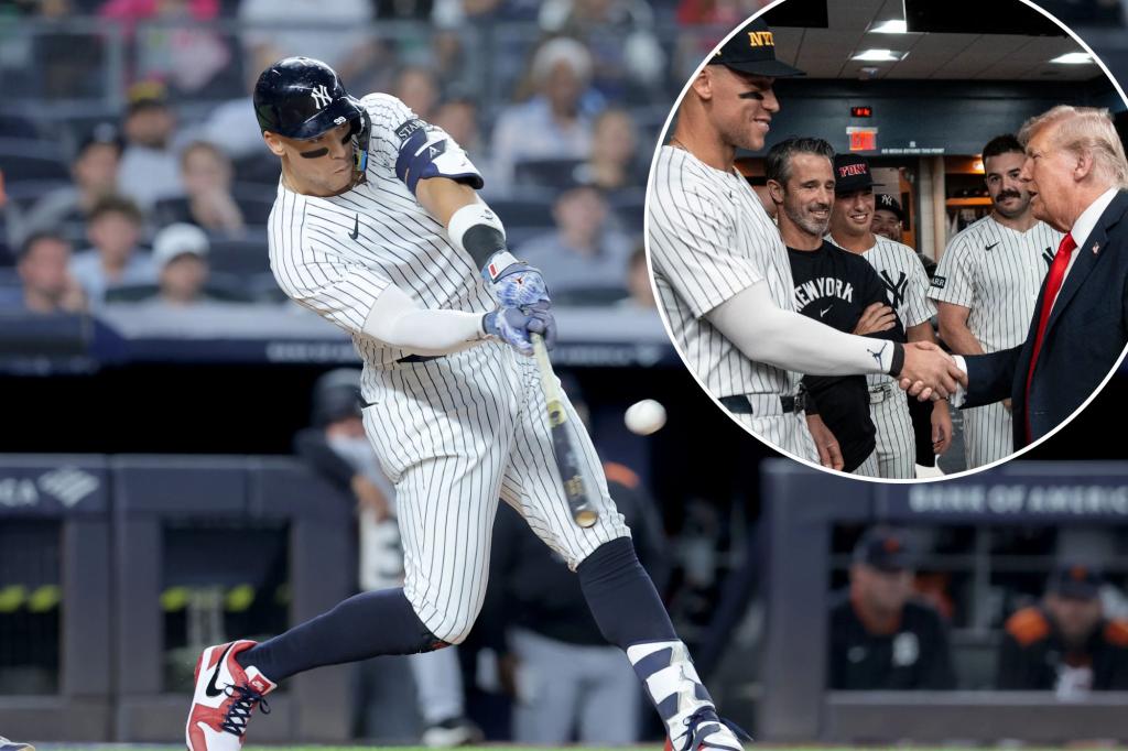 nypost's tweet image. Aaron Judge homers for Yankees minutes after shaking hands with Trump in clubhouse trib.al/KKLVwKR