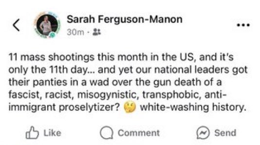 libsoftiktok's tweet image. Sarah Ferguson-Manon, a teacher at @salemkeizer reportedly posted this mocking Charlie’s ass*ssination.

Does this align with your views @salemkeizer?