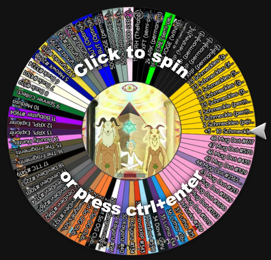 🎡Whirly Dirly Prize Wheel 🎡

🔐Permanent: 1 XRP, 2 XRP, 5 XRP, 1 Schmeckle, 2 Schmeckles, '+5 - 10 Schmeckles', 2k <a href="/ARKofTheReaper/">Ark Institute</a>+ 500M <a href="/ClassyXoge/">Xoge</a>

📅Weekly Reloads: 10 XRP (now at 40 XRP) + 15k XRH (<a href="/TheRabbitH0LZ/">TheRabbitHole</a>) + 1M <a href="/xmemecoinxrpl/">🚜XMΣMΣ</a> (<a href="/Stone_XRPL/">𝕊𝕥𝕠𝕟𝕖</a>) + 10k XFT (<a href="/IMUTV_tv/">IMUTV</a>) +