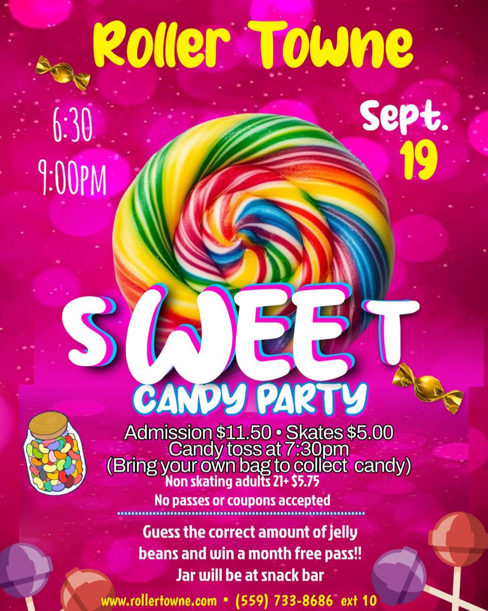 RollerTowne's tweet image. 🍬🎉 It doesn't get much sweeter than this deal! Join us for a candy party with a candy toss and jelly bean guessing game for a chance to win a month free pass! Lace up your skates and bring your crew for a sweet night of fun! #CandyParty #SkatingFun #SweetDeal 🍭