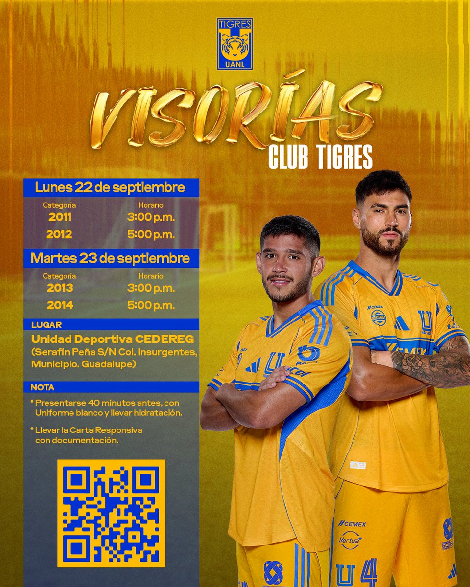 ⚠️ ¡Atención, Incomparables! ⚠️

👦🏻🧒🏻⚽️🐯 ¡Asiste a las visorías oficiales del Club Tigres este 22 y 23 de septiembre en la Unidad Deportiva CEDEREG!

¡Revisa toda la información aquí! 👇🏼