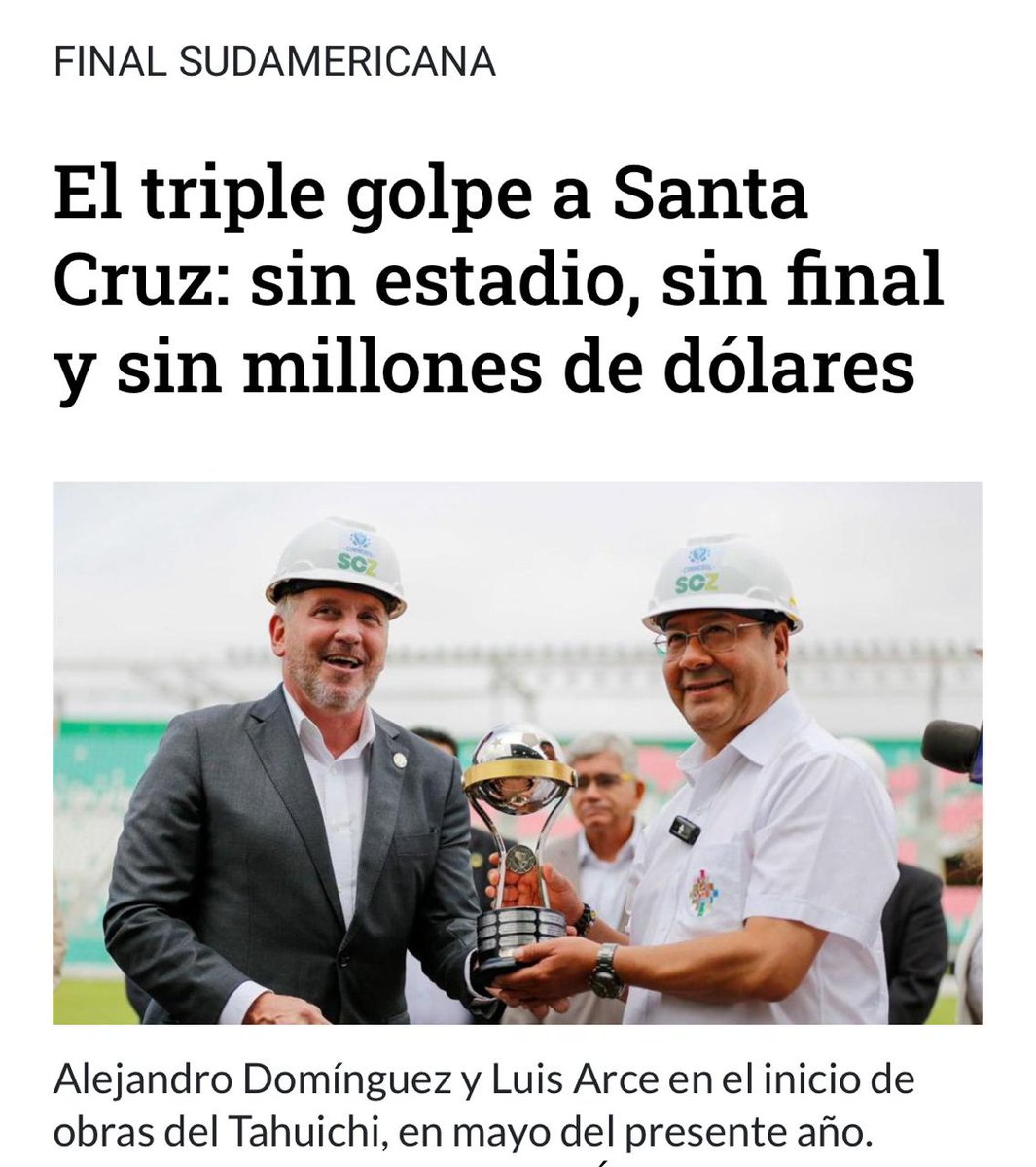 ¡Inaceptable! Santa Cruz pierde la sede de la final de la Copa Sudamericana 2025 por la incapacidad del #Gobierno y la irresponsabilidad de la #UPRE. Más de $50 millones en turismo y comercio se esfuman. ¡El #MAS y los responsables deben rendir cuentas! Santa Cruz merece respeto.