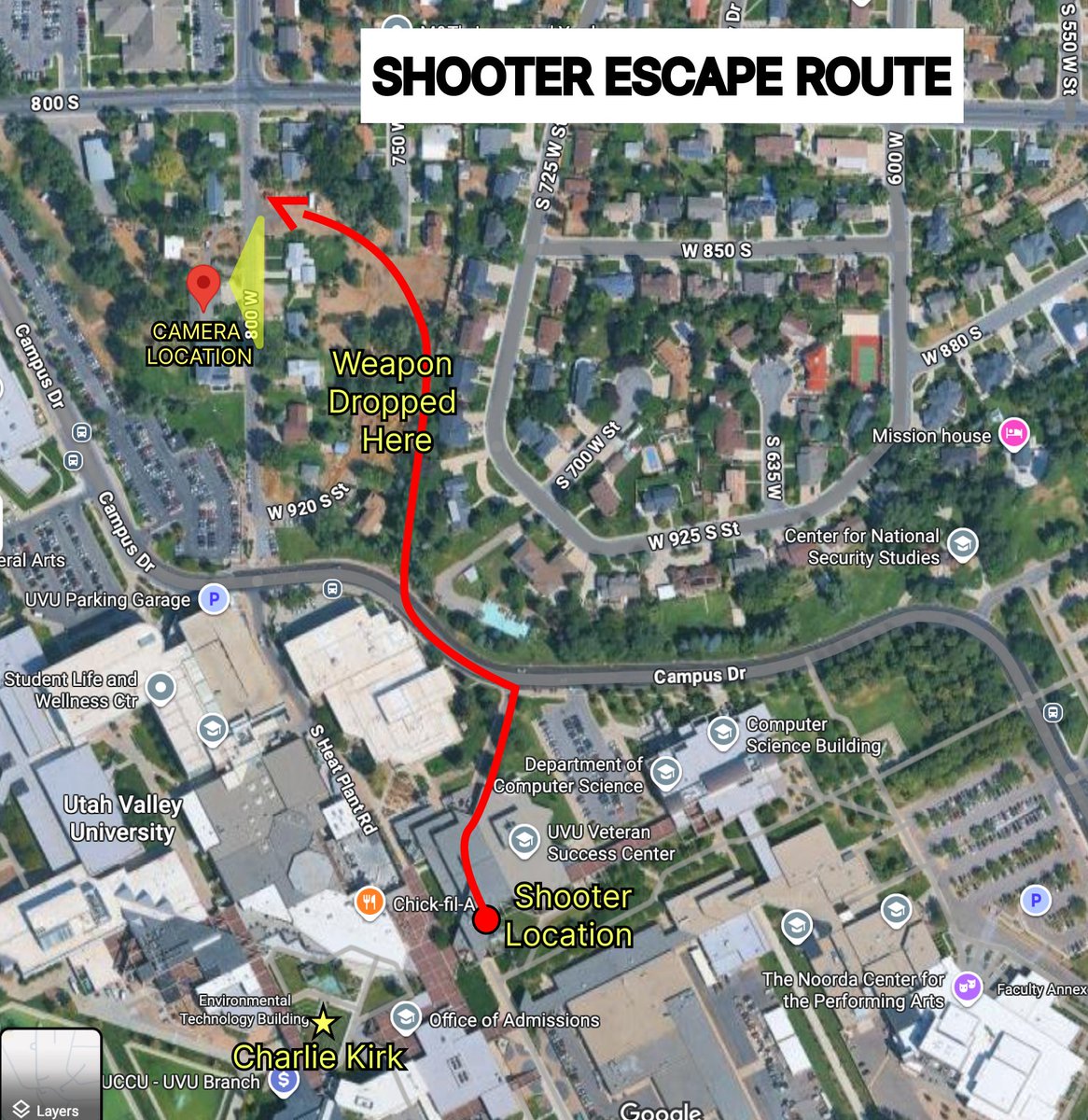 Based on TMZ's video, this was the escape route Charlie Kirk's shooter took. The house where the video is taken is pinned. The rifle was likely dropped in that wooded area. They may have parked the getaway car in the vacant lot where the arrow ends or across the street in the LDS