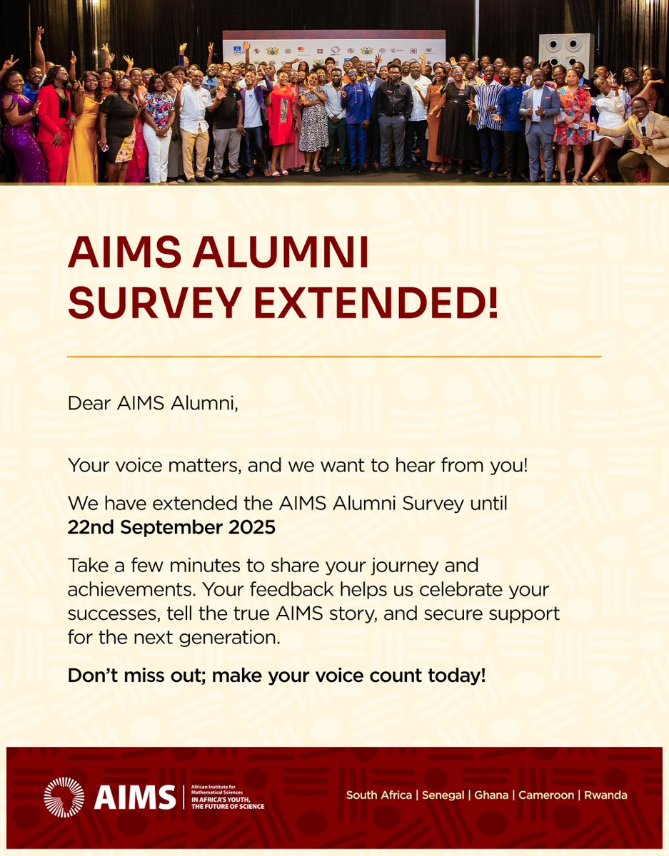 ⏳ Extended! The AIMS Alumni Survey now closes on 22nd Sept 2025. Don’t miss your chance to be heard!

#YourVoiceMatters #AIMSAlumni #AIMSImpact #StayConnected