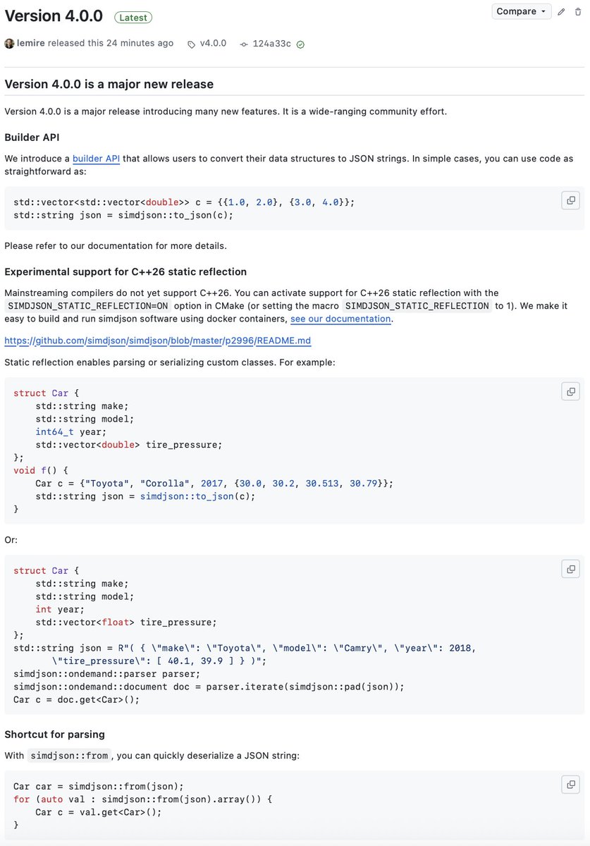 lemire's tweet image. New release of the simdjson library !!!
Version 4.0.0 is a major release of the simdjson library, introducing a range of new features through extensive community contributions. A key addition is the builder API, which simplifies converting C++ data structures to JSON strings.…