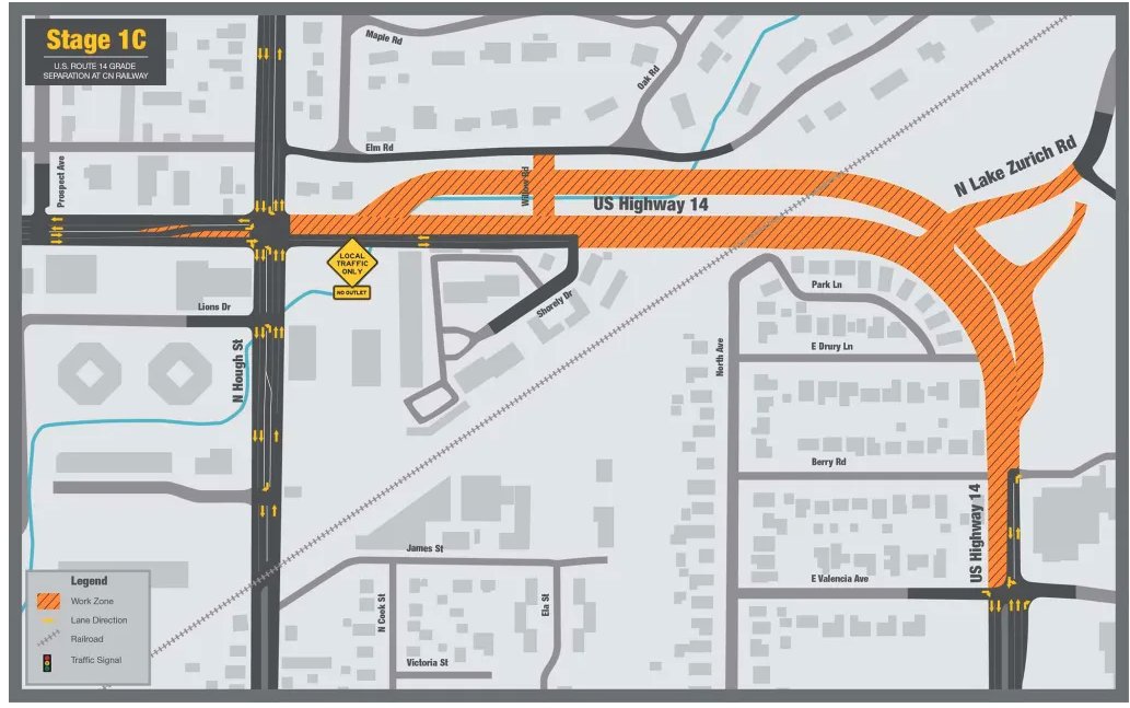 Next week begins a significant new stage of the Village of Barrington’s Route 14 underpass project. 
If your child rides the bus, please make sure you have downloaded the My Ride K-12 app / If you drive your child, please allow extra time and please be patient