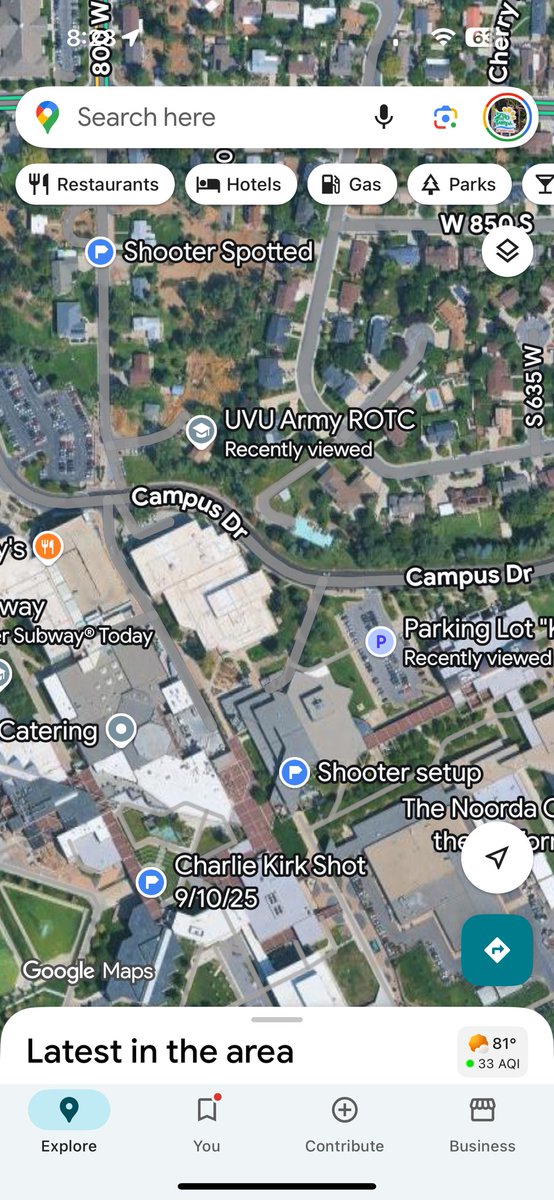 pbeck720's tweet photo. @OutnumberedFNC @kayleighmcenany I would be willing to bet the shooter was affiliated with the UVU ROTC program. Here’s a pic of what I labeled from Google maps based off TMZ video spotting him. https://t.co/qAW7wXo7BM