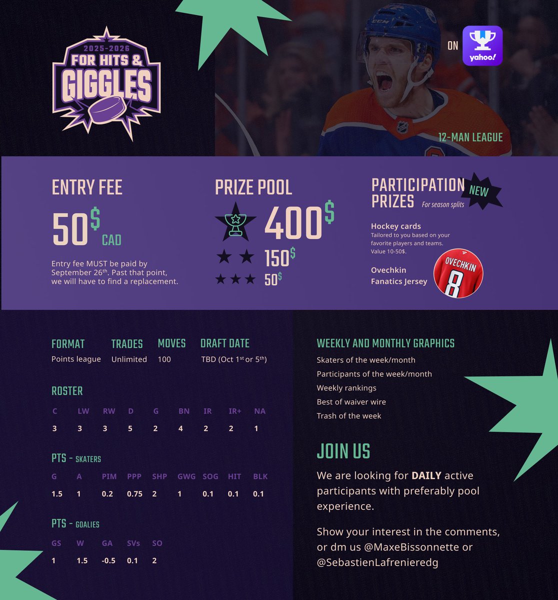 SebLafreniereDg's tweet image. Hello #hockey #NHL community!

@MaxeBissonnette
and I are looking for active participants to join our #pool!  Winner gets 400$ Entry is 50$ - 12 man league - Points league. See image for more info. Show your interest by dm or in comments #fantasyhockey #nhlpool #habs #canadiens