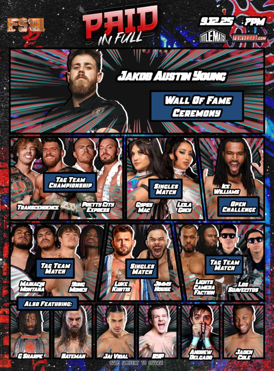 TOMORROW NIGHT on <a href="/TitleMatchWN/">Title Match Network</a>! 

💰 FSW Paid in Full
📅 Tomorrow, Friday, Sept 12, 7PM
🏟️ FSW Arena | #LasVegas 

🎟️ Ticket + Streaming links in bio!

FSW Arena, 6035 Harrison Drive, Las Vegas, NV, 89120 (5 mins from Harry Reid Intl Airport)