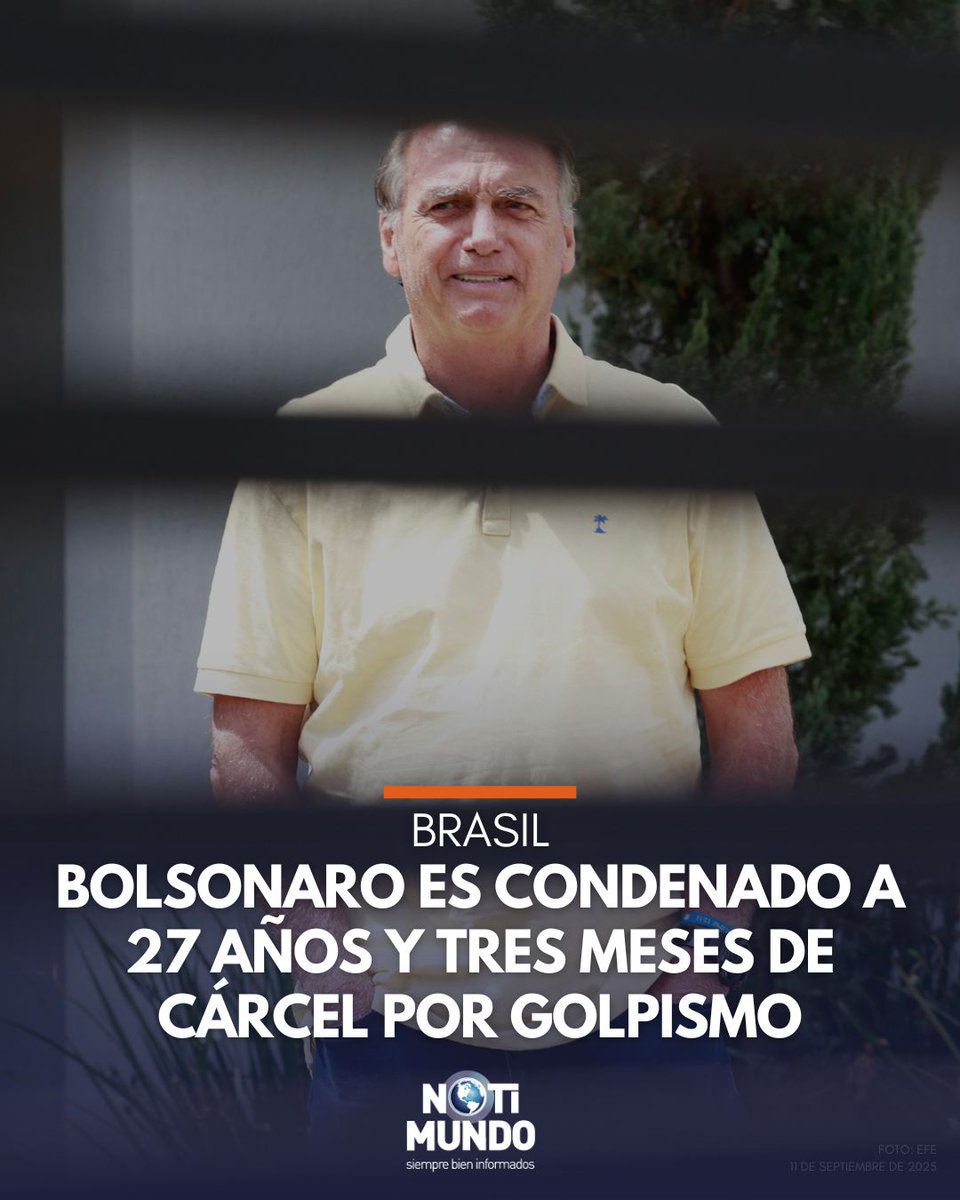 🌎 #PorElMundo | El expresidente brasileño Jair Bolsonaro fue condenado este jueves por la Corte Suprema a 27 años y tres meses de cárcel por haber conspirado contra el orden democrático tras su derrota en las elecciones de 2022 frente al actual mandatario, Luiz Inácio Lula da
