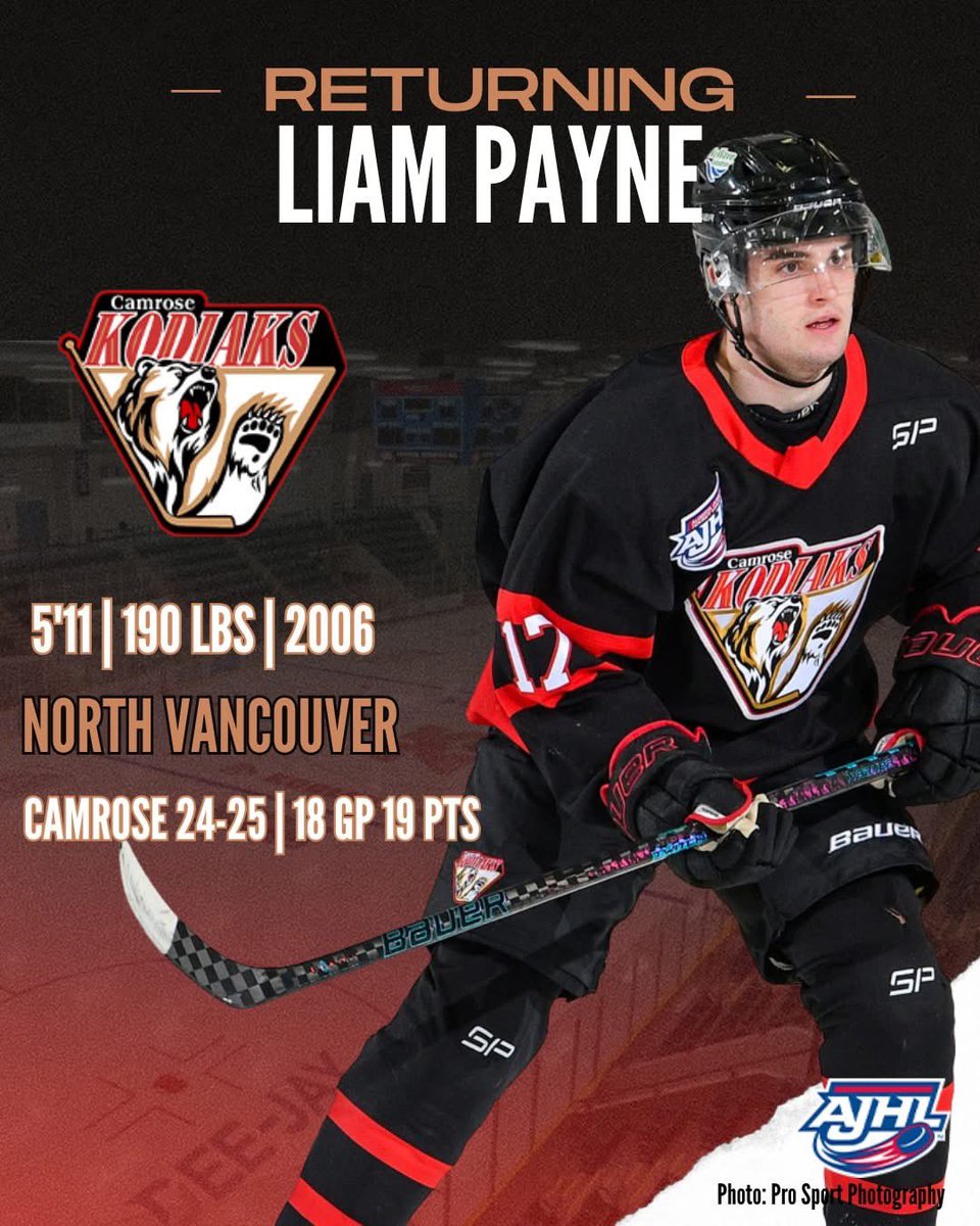 He's back! 

Liam Payne returns to the Kodiaks after time with the Langley Rivermen in the BCHL.

Last season, he posted 9 goals and 10 assists in 18 games with the Kodiaks.

Welcome back, Liam! #gokods
