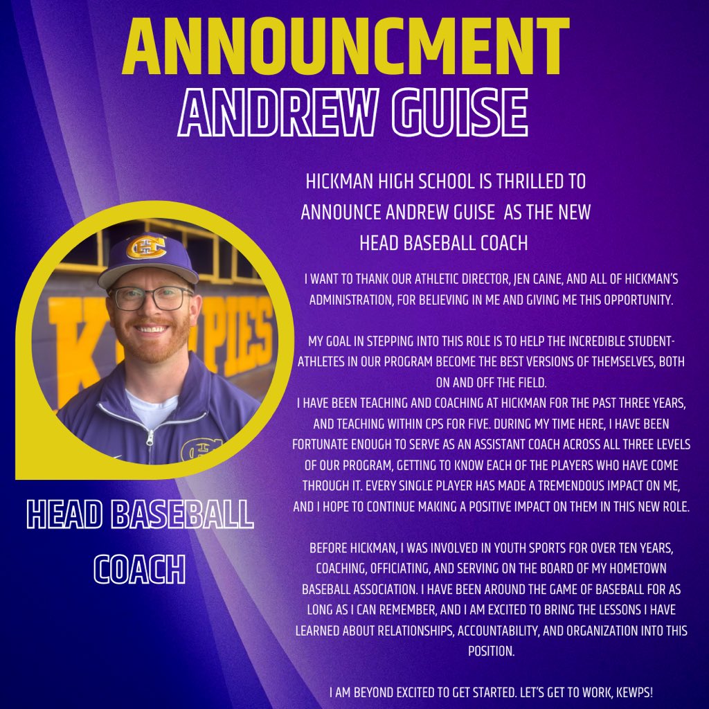 Proud to recommend Andrew Guise as Hickman’s next head baseball coach, pending board approval. 
He brings passion, dedication, and the stability, our program needs. More than ever, our players need unity-I hope all can come together to support Coach Guise and our athletes.