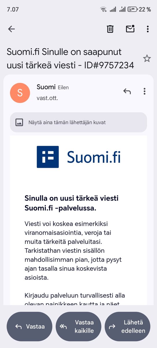 Suomi.fi:n nimissä kiertää taas paljon huijausviestejä. Lähettäjänä voi näkyä ”Suomi”, vaikka osoite on satunnainen numero-kirjainsarja elisa.fi-päätteellä!

Kilpi-sovellus suojaa näiltäkin huijauksilta: Lataa Kilpi-sovellus Android bit.ly/stml-kilpi iPhone