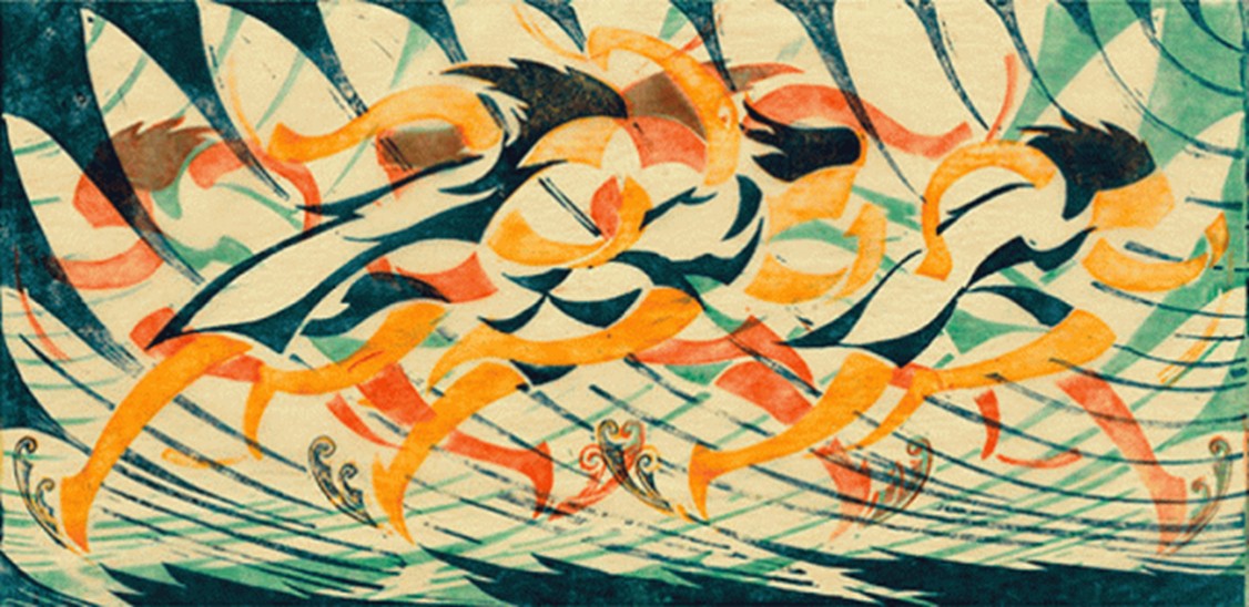 British artist Cyril Power’s colour linocuts of sporting pursuits display an extraordinary blend of grace, rhythm, power and speed (1930s) ~ here, a rowing eight / hockey players / relay runners