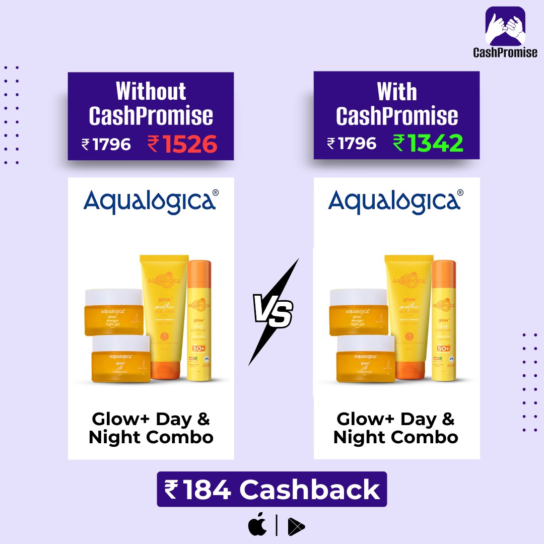 CashPromiseApp's tweet photo. ✨ Why Pay More? ✨

With CashPromise, your Glow+ Day & Night Combo from Aqualogica costs just ₹1342 instead of ₹1526 😍💸

That’s an instant saving & ₹184 Cashback straight to your pocket💰

👉🏻DOWNLOAD THE APP NOW
📱Available on Google Play & App Store
🔗Link in Bio
📧support@cashpromise.in
📞+91 88139-80001

#CashPromise #Aqualogica #OnlineShopping #smartshopping #savemore #cashbackapp #shopviacashpromise