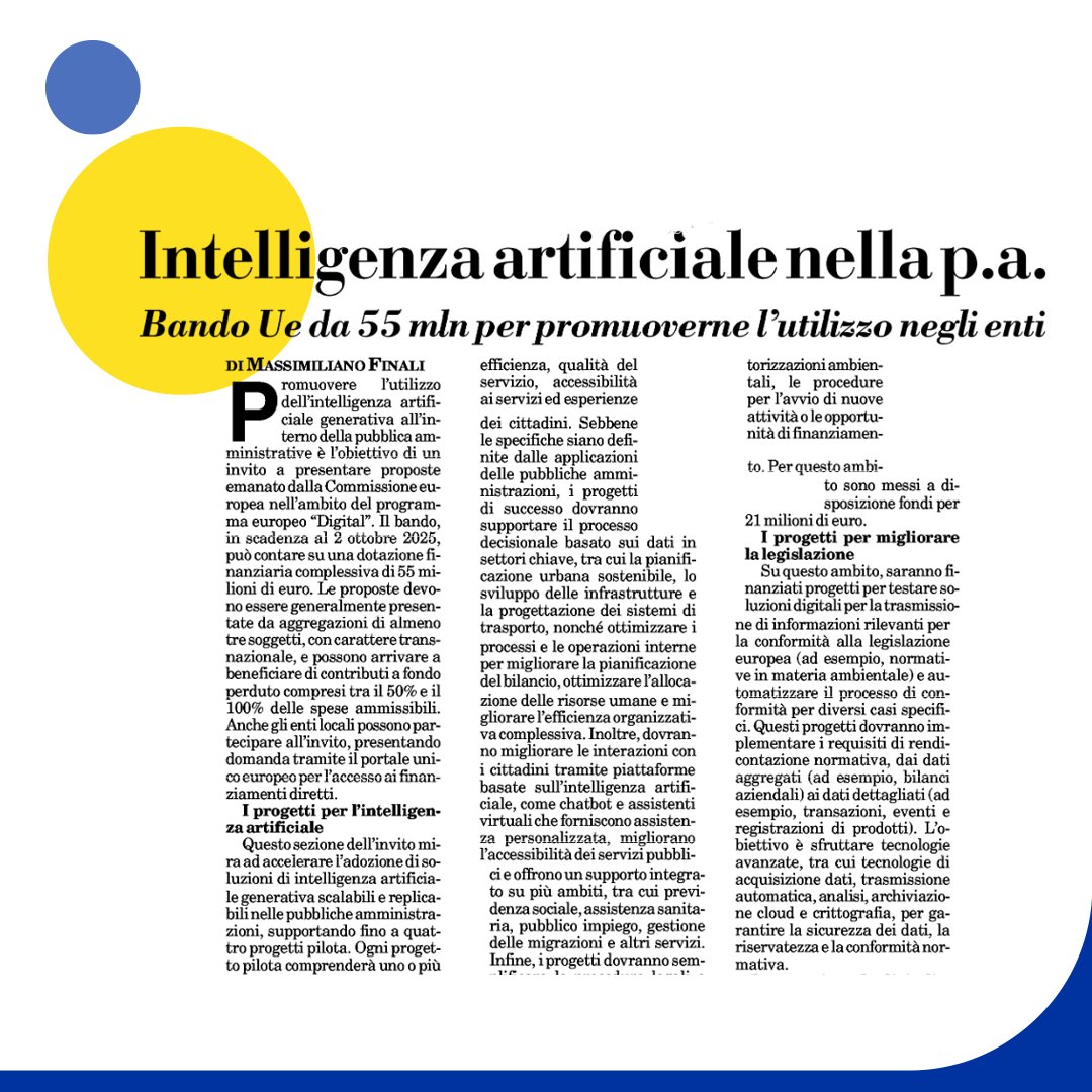 Bando Ue da 55 mln per promuovere l'utilizzo negli enti.
📰"Intelligenza artificiale nella p.a." su <a href="/ItaliaOggi/">ItaliaOggi</a> 

#AI #padigitale <a href="/EU_Commission/">European Commission</a> <a href="/InnovatoriPA/">Innovatori PA</a> <a href="/digitalepop/">digitalepopolare.it</a> <a href="/PID_CamCom/">Punto Impresa Digitale</a> <a href="/ServidaAndrea/">Andrea Servida</a> <a href="/EmilianoVerga/">Emiliano Verga</a> <a href="/innovalabns/">NicolaSotira</a> <a href="/fdicos10/">Francesco DiCostanzo</a> <a href="/INEST_digitaleu/">I-NEST</a>
