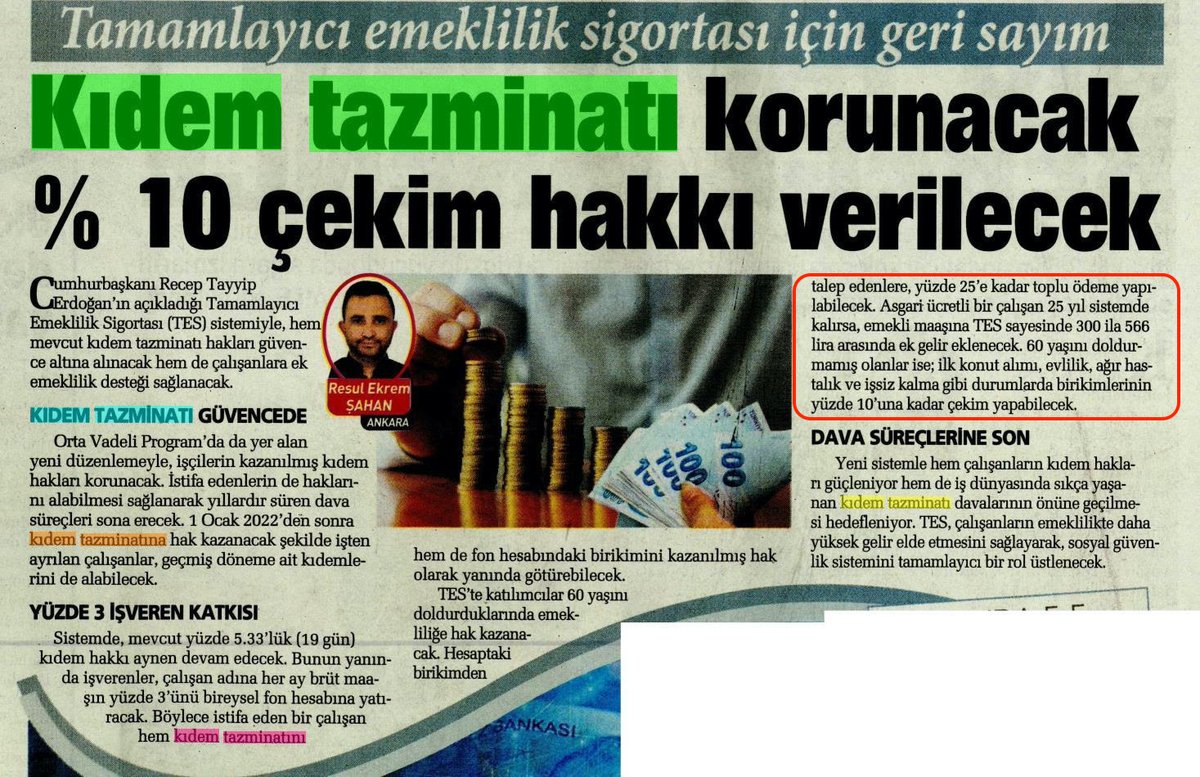 Tamamlayıcı Emeklilik Sisteminde (TES) "ikinci emekli" aylığı palavraymış!

İktidara yakın gazeteden itiraf gibi haber!

Asgari ücretli bir çalışan 25 yıl boyunca TES'te kalırsa ve 30 günlük kıdem tazminatının 11 gününü TES'e feda ederse 300 ile 566 TL ek gelir elde edecek.